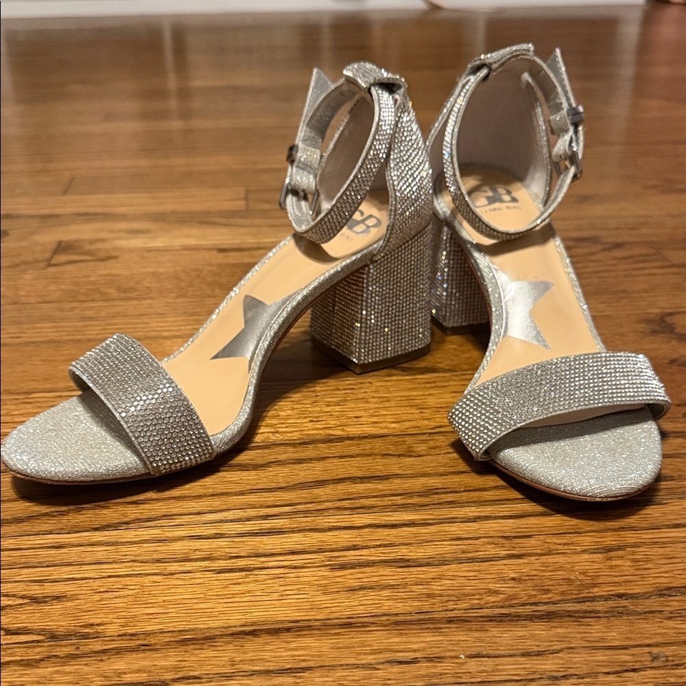 Gianni Bini Sparkling Silver Rhinestone Ankle Strap Block Heels Size